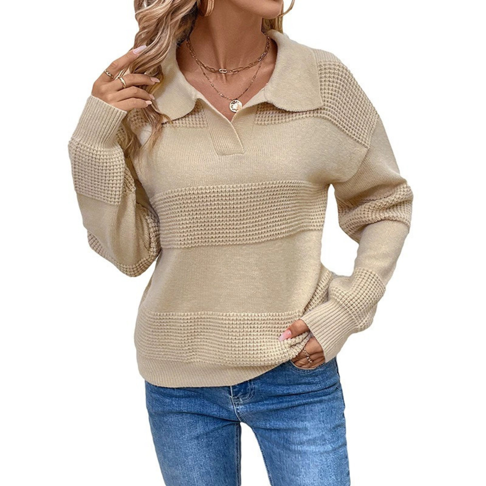 Fall Winter Solid Half Zip Knit Sweater Turn Down Collar Patchwork